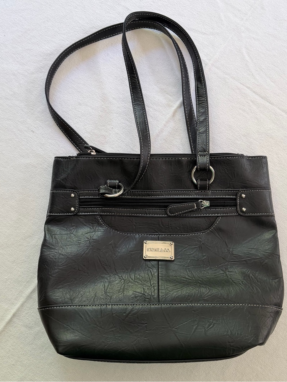 Stone & Co. Black Shoulder Bag with Zipper Accents, Shoulder Strap, Pockets